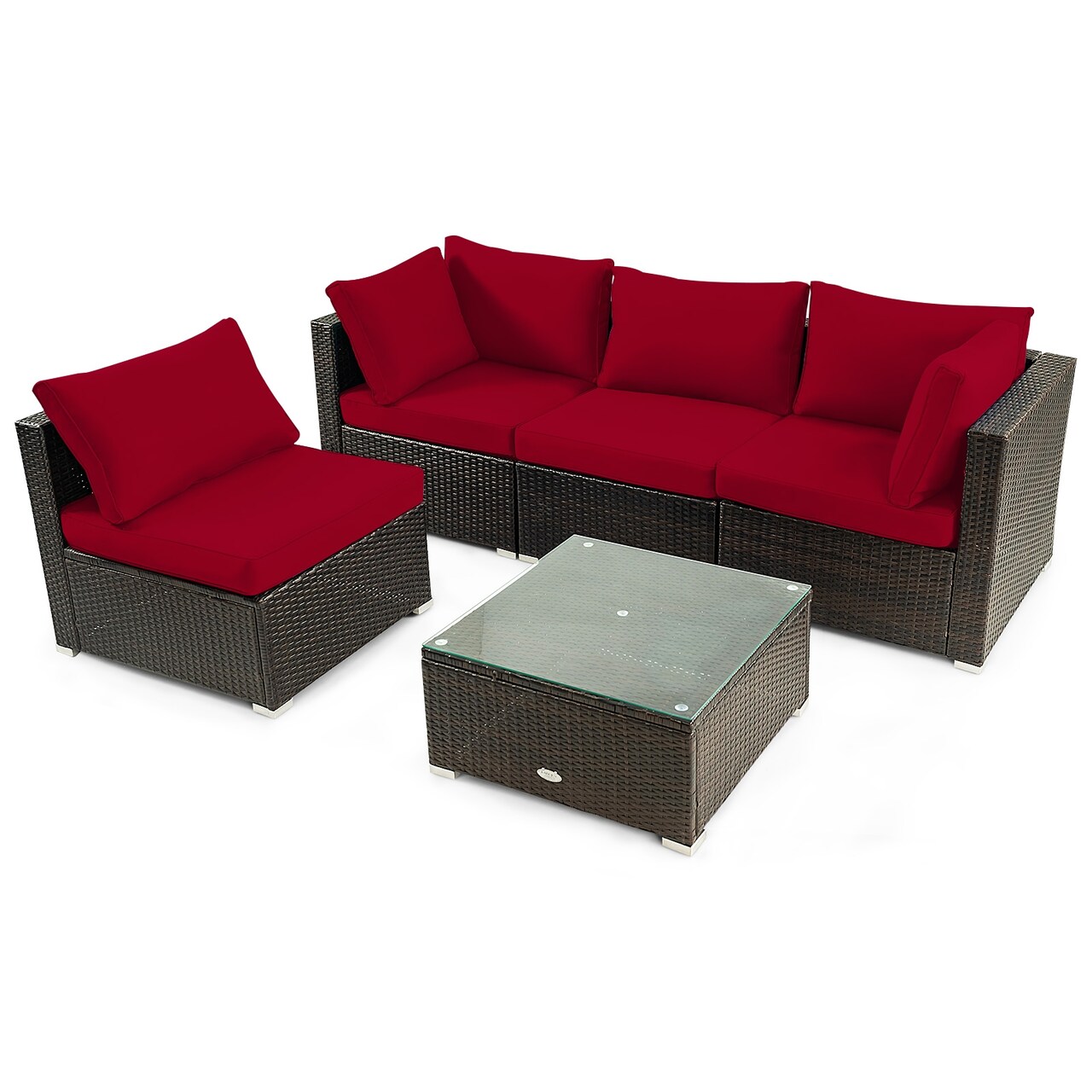 5-Piece Brown PE Rattan Outdoor Sectional Sofa Set with Tempered Glass